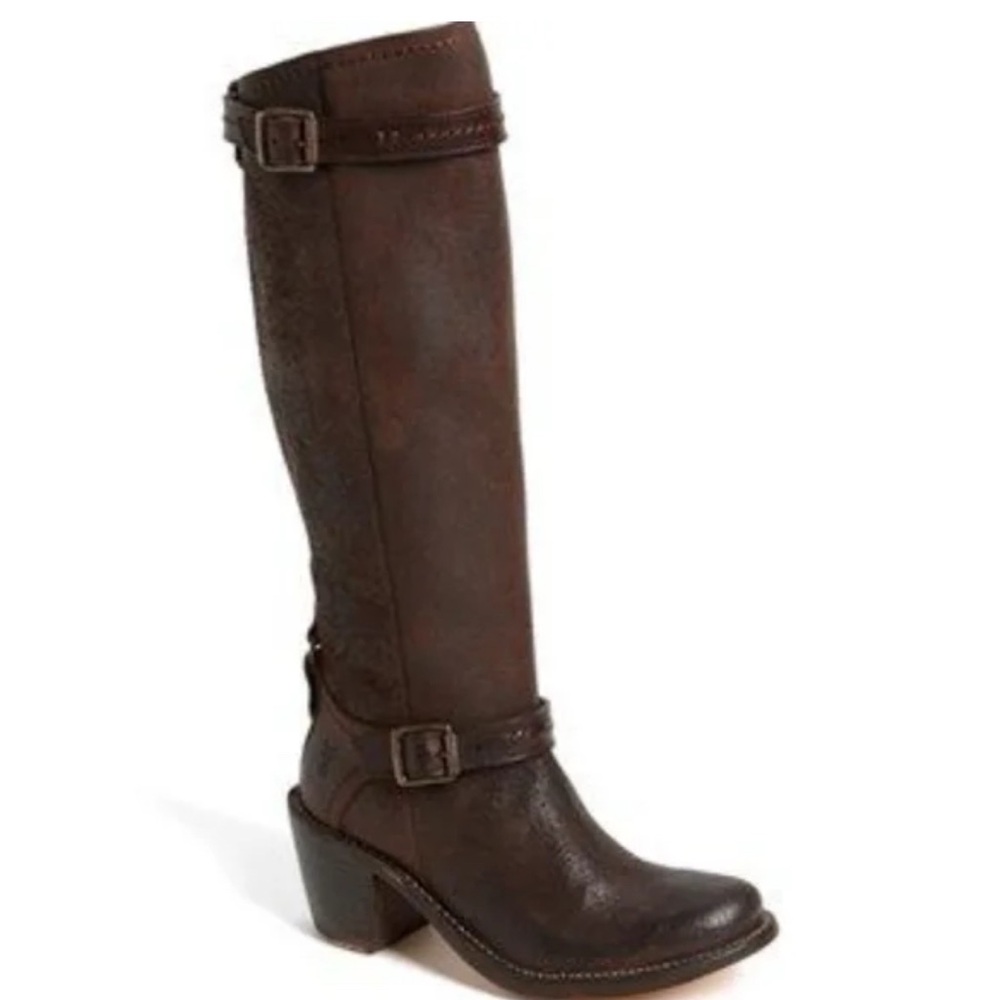Brown Frye Carmen distressed leather Harness Buckle 6.5 Suede Knee-High Boots